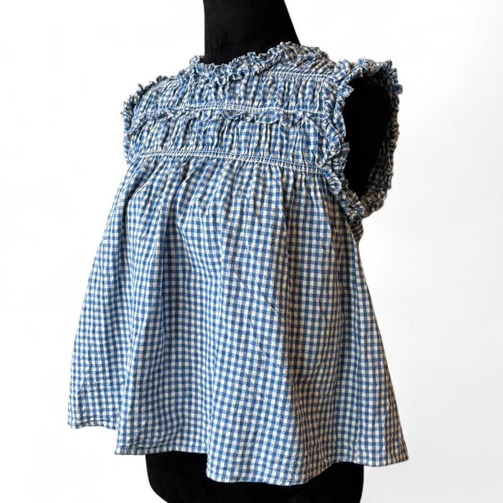 Blue Gingham Ruffle Top – Cottagecore Prairie Blouse M/L